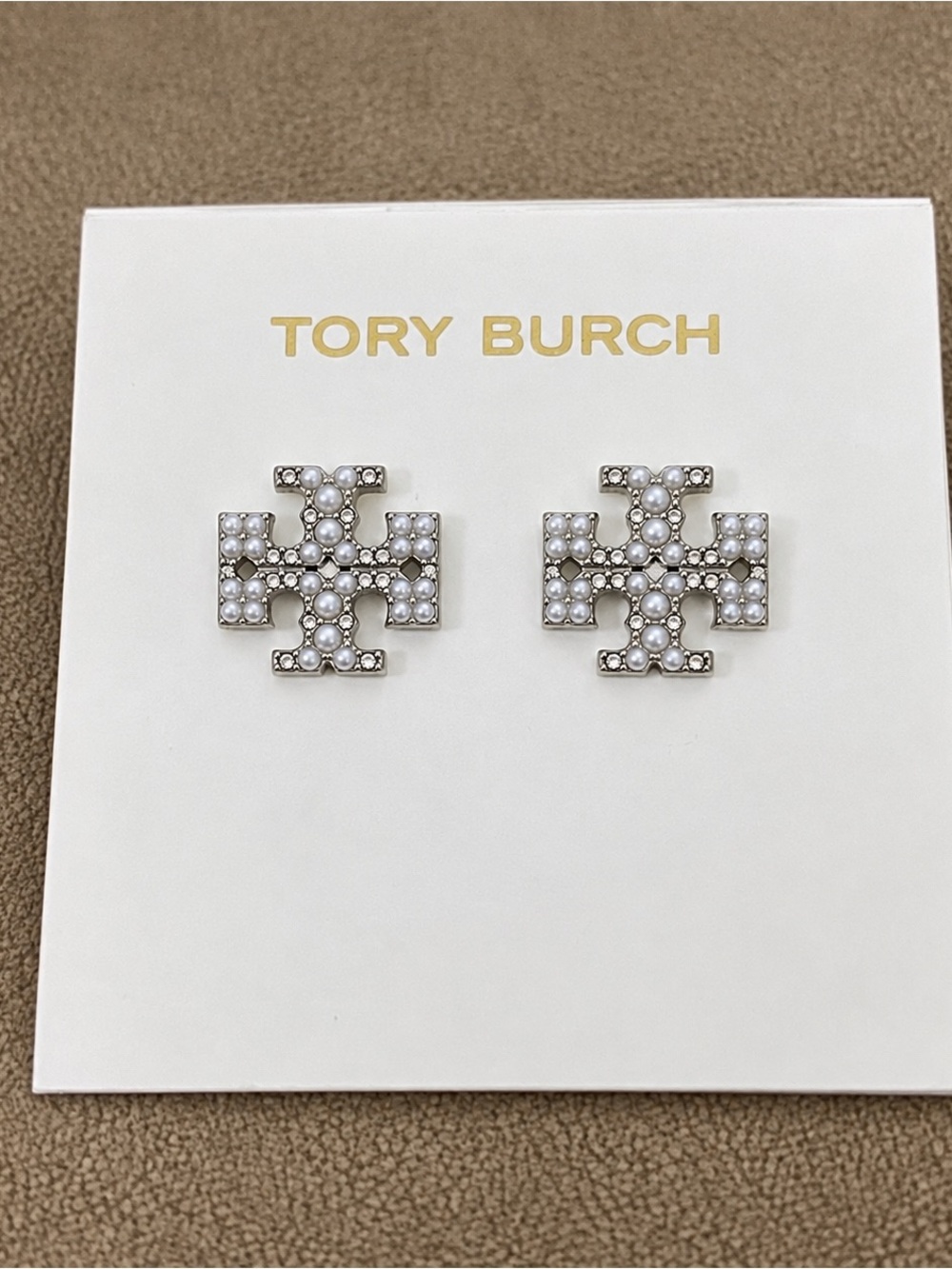 Tory Burch White Pearl and Crystal Logo Stud Earrings